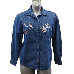Holiday Joy Button Up Embroidered Shirt Women's Size Medium  Snowmen Cotton Top